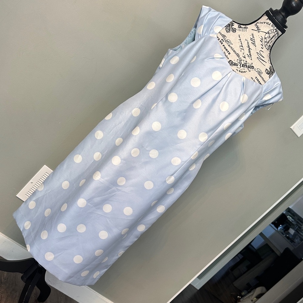 Jacques Vert POWDER BLUE SHANTUNG DRESS IVORY LARGE SPOT PRINT. NeW. Size 12